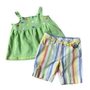 Girls 4/4T Gymboree Green Smocked Seashell Swing Top Stripe Bermuda Short Set